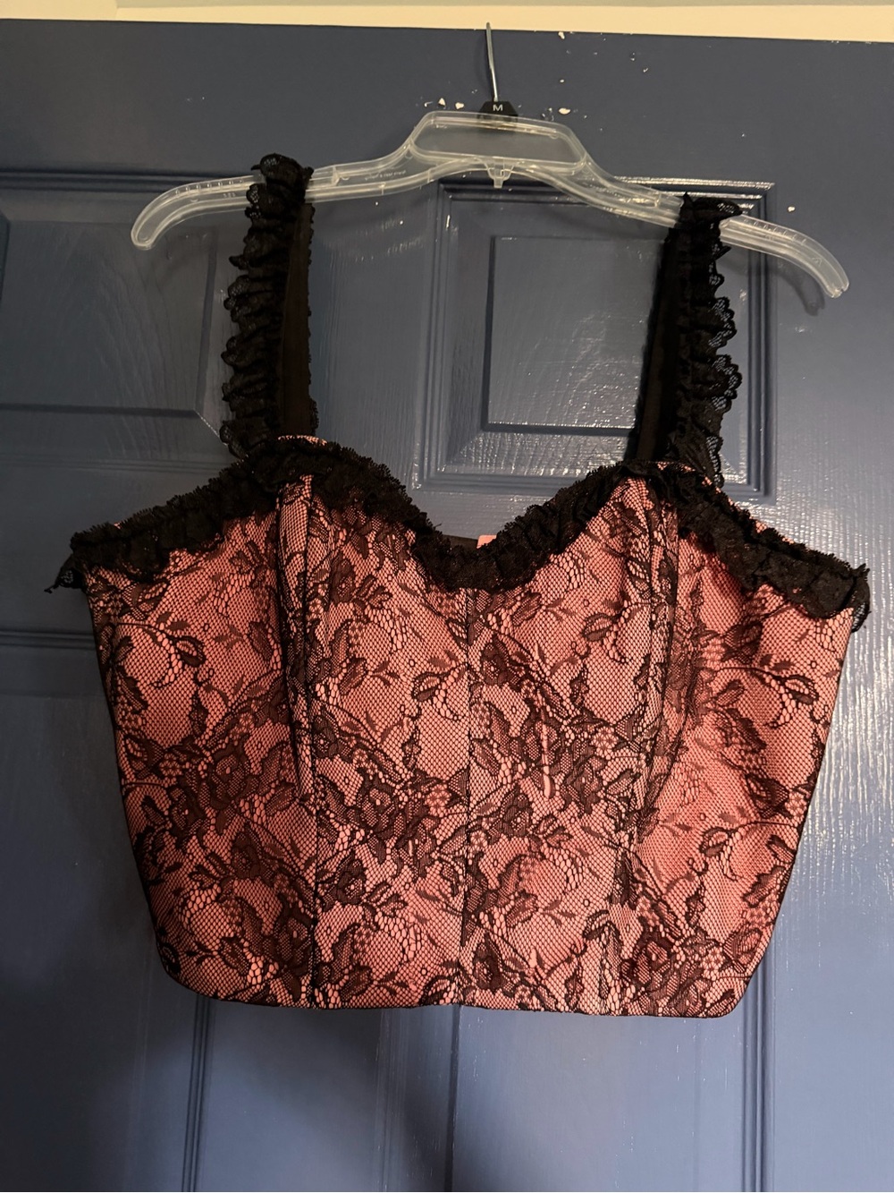 Vixen by Micheline Pitt Pink Bustier with Black Lace Overlay